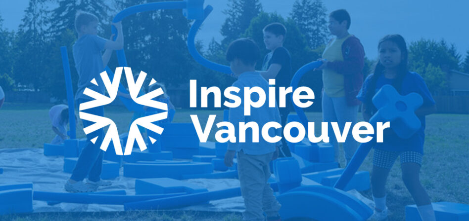 Children building with large blocks in a park with a blue color overlay and white Inspire Vancouver logo