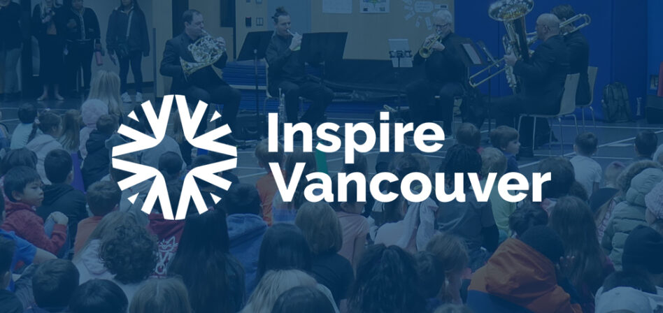 Quartet of classical musician play in front of a school assembly with a navy blue color overlay and white Inspire Vancouver logo