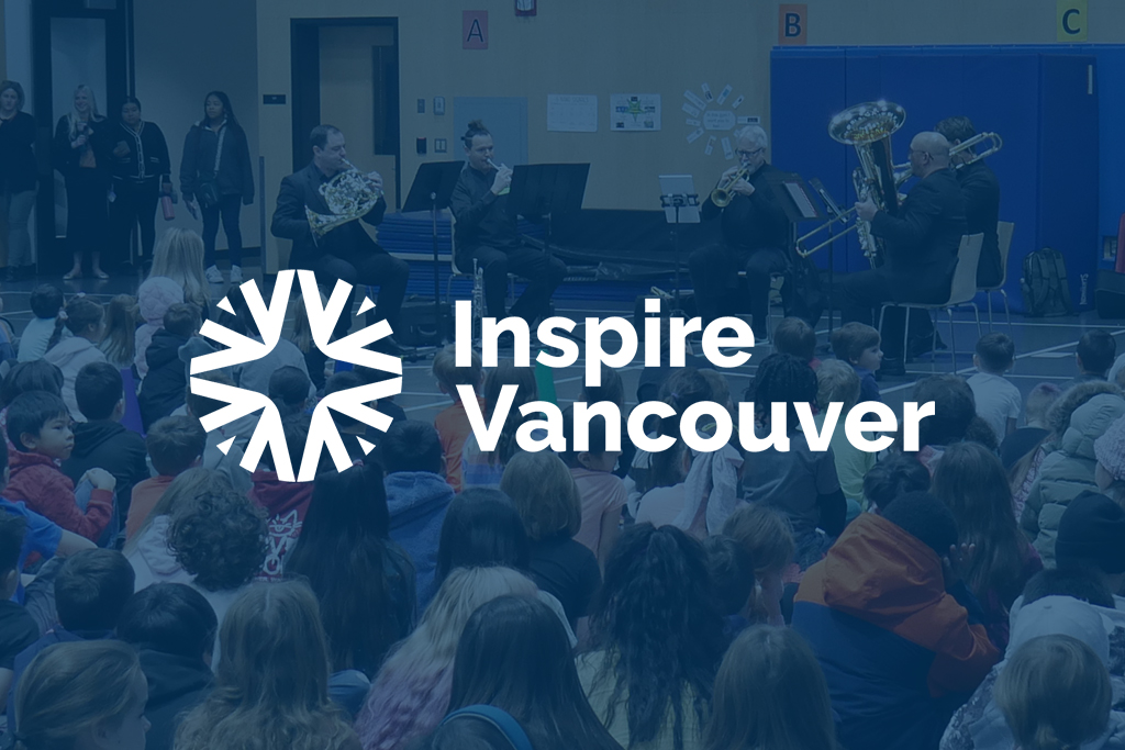 Quartet of classical musician play in front of a school assembly with a navy blue color overlay and white Inspire Vancouver logo