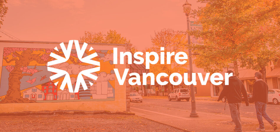 Mural of cherry blossoms on a building with an orange color overlay and the Inspire Vancouver logo
