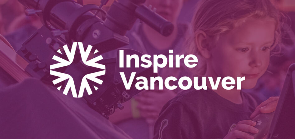 Child looking at an iPad while using a large telescope with a purple color overlay and white Inspire Vancouver logo