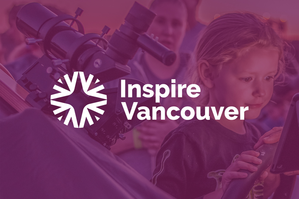 Child looking at an iPad while using a large telescope with a purple color overlay and white Inspire Vancouver logo
