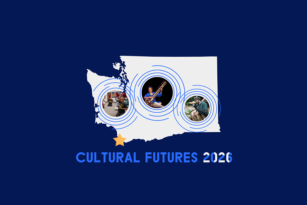 Illustration of Washington state with photos highlighting arts and culture and the text Cultural Futures 2026