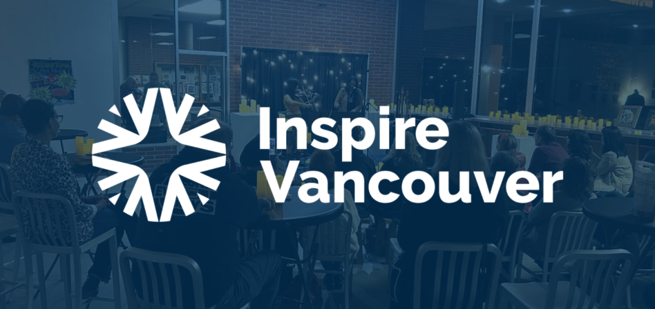 People watching a candlelit music performance in the front gallery of the Vancouver arts hub with a dark blue color overlay and white Inspire Vancouver logo